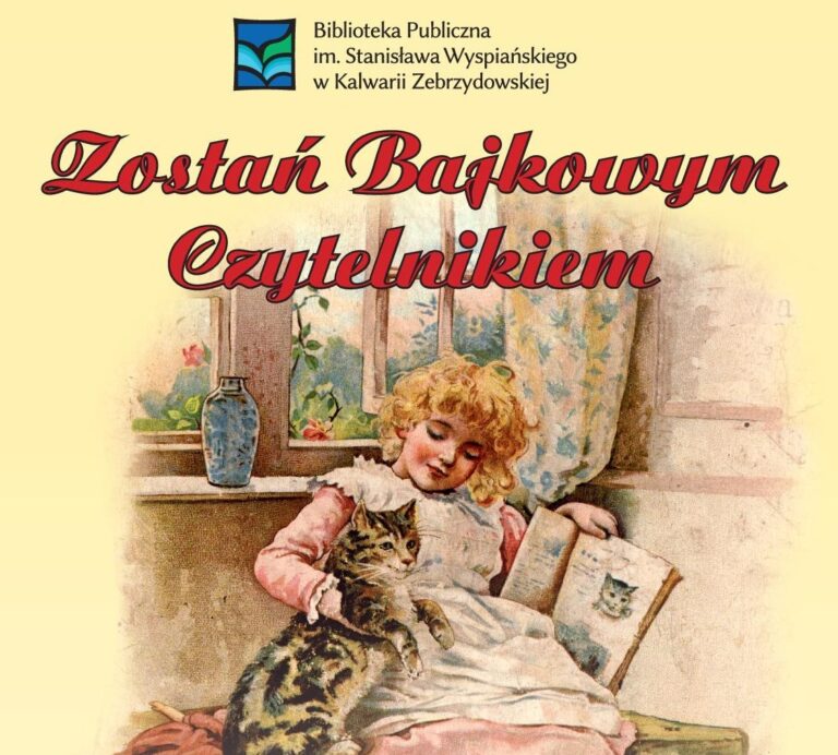 Dziewczynka z kotem i książką. Napis Zostań Bajkowym Czytelnikiem
